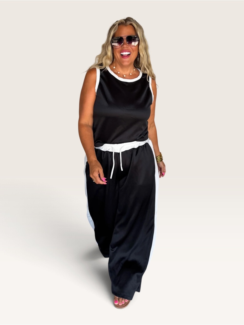 Black White Scuba Wide Leg Lounge Set | Athleisure Matching Outfit